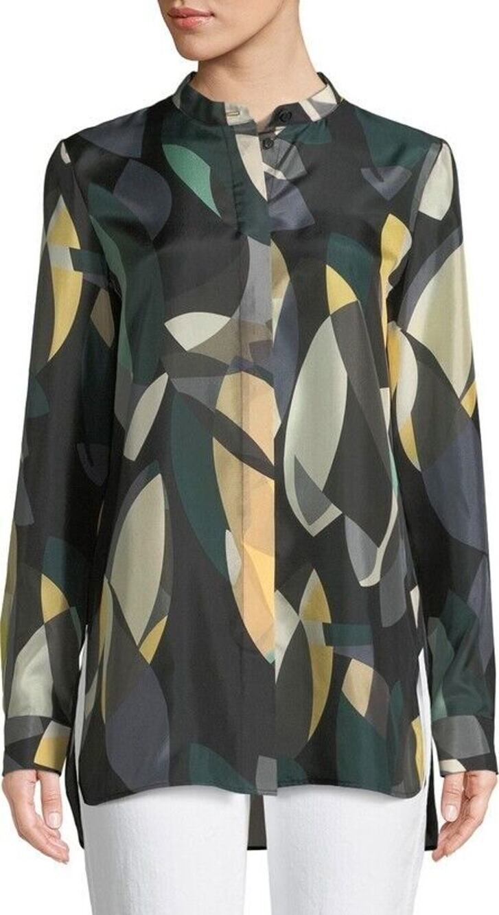 Lafayette 148 Blouse Womens Small Brayden Ornamental Mosaic Silk Button Front